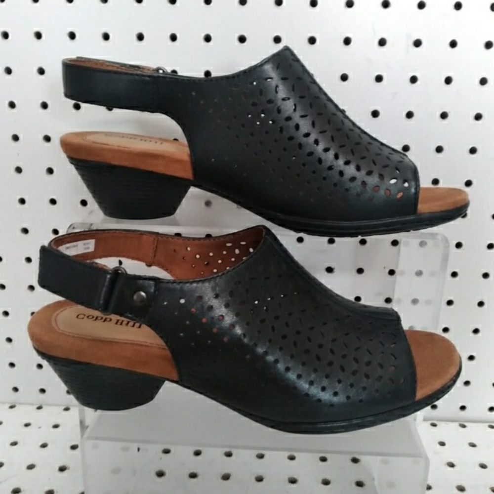 Cobb Hill| Black Sandals| Leather Comfort Cushioned 1.5" Low Heel  Laser-cut 7.5